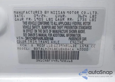 2024 Nissan Versa 1.6 Sr from USA, damaged, VIN 3N1CN8FV4RL928168